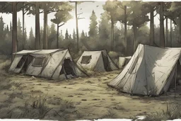 campsite, tents, overgrown, post-apocalyptic, comic book, forest