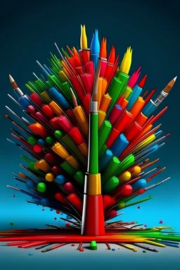 a christmas tree made of paint brushes ,design elements , laptops , coding symbols , cartoonish, pixar, high quality ,sharp, colorful