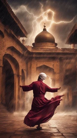 Hyper Realistic photographic-view of a Sufi Whirling with Golden & Maroon Islamic Sufi Rustic Grungy Background with thunderstorm at heavy rainy night outside an ancient Islamic architectural building showing dramatic & cinematic ambiance.