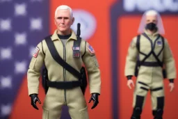 Mike pence G.i. joe toy doll space force uniform inside a clear blister package hanging on A rack in toystore, fluorescent price tag