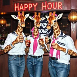 very Gay Giraffes sailors with white shirts and berets and tight jeans standing in a bar drinking drinks with umbrellas, pride, makeup, smoking cigaretts, smiling, sparkling eyes, very happy, after dark, pink scarf, happy hour drinks sign, necking, happy cock hour