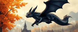 portrait of a shiny black dragon squirrel in autumn, flying above wooden castle, breathing smoke, book cover illustration, with metallic transparent wing border on left and right of frame