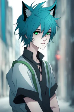 Thin androgynous anime character with short and messy electric blue hair and wolf ears. Loose fitting, gender-neutral goth clothes. Heterochromia One blue eye and One green eye. bored, aloof, urban background, RWBY animation style