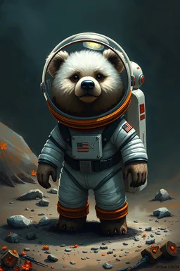 a bear is in space suit, standing in the dirt, in the style of fantasy art, dark white and dark orange, poodlepunk, flickr, charming characters, marine painter, hd --ar 10:13