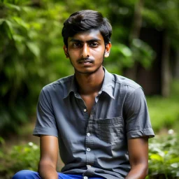 an 24 year old indian man, oval face, tanned skin, wearing shirt and jeans, sitting in a garden, peaceful, front face portrait, short hair