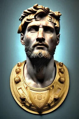 Ultra Realistic image, Roman sculpture, white marble material, Lionel Messi, gold Laurel leaves wreath, renaissance ornaments, radial gold lines, one gold star in heart, gold sun ornament back, blue background, chisel style, waist up portrait, emperor style, epic, celestial, cinematic lighting, God light, god rays, 4k resolution, smooth details, ornate details, soft lighting, unreal engine 5, art station, substance 3d.