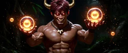 HYPER REALISTIC PHOTOGRAPHIC Middle Angle View Of A Handsome Muscular Young Man With Ritualistic Costume With Bone Necklace Unleashing Glowing Magic Balls, With A Fierce Devilish Smiling Expressions On His Face With Glowing Red Eyes With Short Messy Maroon Hair & Golden Horns In A Dark Dense Jungle At Dark Night With Fireflies Showing Dramatic & Cinematic Ambiance