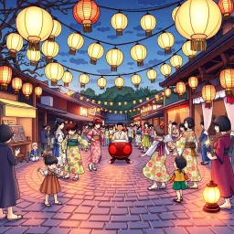 Create a book cover for "Cozy Japan Coloring Book" featuring a joyful Bon Odori festival scene as the central focus. Graceful dancers in colorful yukata perform traditional movements in a circle under strings of glowing paper lanterns. The scene takes place at twilight in a charming village square, with wooden stalls, fluttering festival flags, and curious children holding sparklers nearby. A taiko drum sits at the center of the dance ring, while soft lantern light reflects on the cobblestone gr