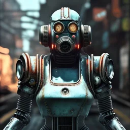 fallout 4 character, yohan diniz(fast walker) as robot in the streets of cyberpunk city filling up car, gaz station, unreal, spray paint, clay, vox model