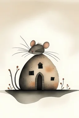 Generate a watercolor illustration of a mouse embodying the artistic characteristics of Jon Klassen's style. Focus on minimalist design, with simple shapes and lines to create the mouse's form. Emphasize expressive eyes to convey emotion and personality, employing subtle humor through clever visual details or unexpected scenarios. Incorporate texture and detail into the illustration, such as the texture of the mouse's fur and carefully rendered background elements. Utilize muted colors.
