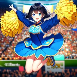 Clear focus,High resolution, Black short fluffy hair, and blue eyes, wearing a cheerleader outfit, smiling, jumping, hands in air, short skirt