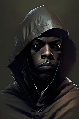 black young bald wizard man with hood on