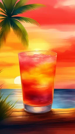 A refreshing tropical drink with a vibrant sunset in the background, rendered in a watercolor style.