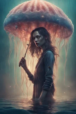 tall slim woman in ragged clothing, in an underwater scenen, holding an umbrella made from a jellyfish, raining, detailed matte painting, deep colour, fantastical, intricate detail, complementary colours, fantasy concept art, 8k resolution, Unreal Engine 5