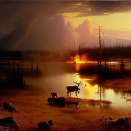 Albert Bierstadt Painting of muskeg in alaska with moose