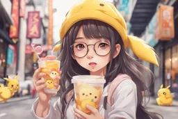 cute anime style asian girl with side swept bangs, wide frame glasses, long hair, mid taper face, holding bubble tea drink, wearing pikachu hat