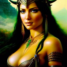 portrait 'beautiful Sexy Busty Dejah Thoris',braided long hair,horned helmet, celtic tattoed,crystal clear green eyes,painting by gaston bussiere, greg rutkowski, yoji shinkawa, yoshitaka amano, tsutomu nihei, donato giancola, tim hildebrandt, oil on canvas, cinematic composition, extreme detail,fit full head inside picture,32k