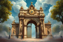 ornate baroque entrance gate, Arc de Triomphe, beautiful gilded building, fantasy art painting