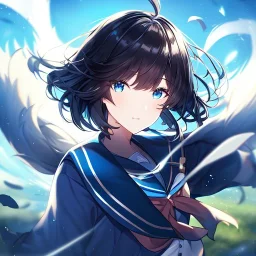 Clear focus,High resolution, Black short fluffy hair, and blue eyes, wearing a sailor uiform, Wind magic