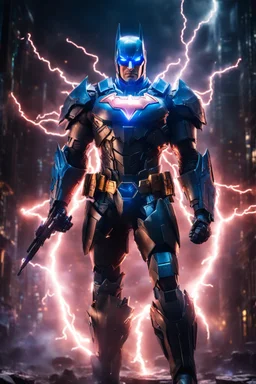 Gorgeous Photography realistic neon lightning around, epic scene of the super Batman Guardian with fully armor cyborg gundam robotic,full body, lightning, sharp focus, fantasy, concept art, dynamic lighting, epic composition