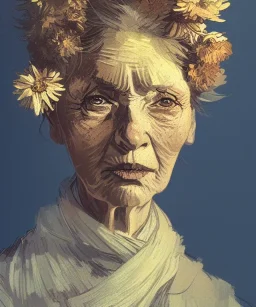 yaşlı bir kadının portresi, çiçekler, dramatik ışıklandırma, Van Gogh tarzı, Greg Rutkowski tarzı, Yoji Shinkawa tarzı, 4k, dijital sanat, konsept sanat, Artstation'da trendlere girmiş