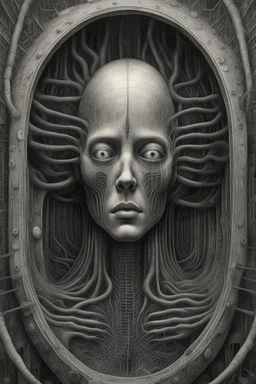 A field of thousands hands and heads inside a human cell , a thin line draw ،front view camera, surreal horror, biomechanical design, by hr giger and beksinski , Busch painting style