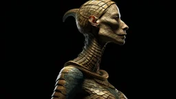 Cuerpo femenino que desarrolla un cuello alargado reptiliano, piel moteada, luz lateral, técnica digital con textura pictórica.