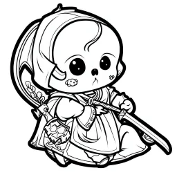 create a 2d black outline, "cute kawaii baby death with a scythe coloring book for kids", coloring page, low details design, black contour, coloring page design, simple background, colorful , card style, coloring page for kids, white background, sketch style,