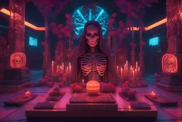 Cyberpunk Day of the Dead 3D illustration of Altars are a very Mexican and Latin way of honoring those that have passed away, Cyberpunk glow glowing illustration neon artificial technology beauty cyber, smooth 3D digital art, exquisite 3D rendering, 4K, blender, c4d, octane rendering, 3D Disney style lighting, Zbrush sculpting, highly detailed realistic fabric, concept art, high detail Zbrush