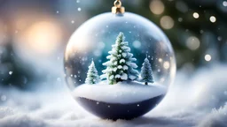 A beautifully crafted Christmas tree ornament sits within a miniature winter landscape, captured through the use of tilt shift photography. The delicate sphere is adorned with intricate details, from sparkling snowflakes to tiny evergreen trees. The snowy landscape surrounding it is expertly blurred, creating a dreamy and ethereal atmosphere. The image is of high quality, with vibrant colors and impeccable attention to detail.