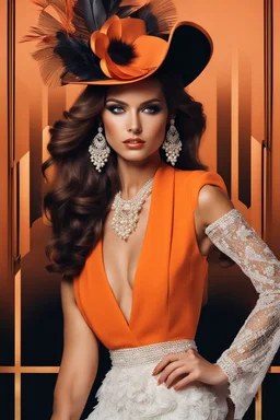 full body beautiful girl, elegant orange,lace clothes of the 80s, luxury style, small elegant hat with feather, hair of the 80s, pearl necklace, earrings masterful, beautiful face