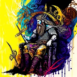 viking holger danske,long swirling beard and hair, his sword is golden, siting on his throne with wolfes on each side, alkohol ink, background swirley colorful with painted dragon on the wall, background colorful