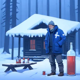 a sad Finnish man without food on his plate, outside his house in the forest, Winter, snow, very cold, Finnish flag at half way up, Finnish flag, a bottle of Vodka in his hand, knifes and sauna, Simon Stålenhag style, empty vodka bottles on ground