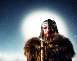 a sad and lonely viking looking up at the stars at night, hyper realistic, 8k, insane detail, atmospheric background, crying eyes, big fur coat, long braided hair, sharp focus, soft background, dynamic lighting, viking helmet, night time