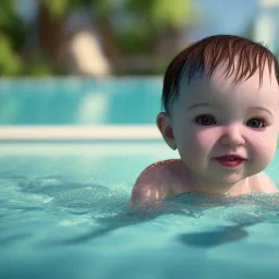 Cute Baby swimming in pool unreal 5, octane render,cinema4d, dynamic lighting, dramatic lighting, 4k, redshift render, highly, hyperrealism ultra detailed, hyper realistic.