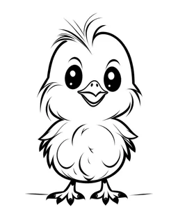 Cheerful Chick: A fluffy baby chick with tiny wings, standing on two legs and chirping happily.The illustration should be SUPER SIMPLE, black and white, bold line art with a clear, mostly empty background. [INCLUDES ONLY OUTLINE WITH NO FILLED-IN BLACK AREAS], ensuring no shading, no complex images, and making it very easy to color in between the lines.