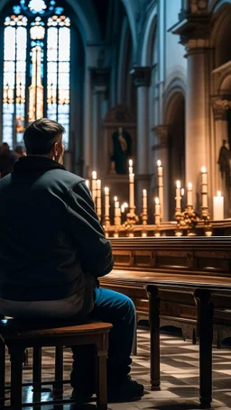 a rear view of a man sitting on a bench prying in the church facing a statue of Jesus on the cross and candles, show the man in the middle and from the back