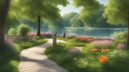 парк, зона озера, "царство водяного", Пешеходные дорожки — уютные тропинки вдоль озера, окруженные зеленью и цветами, которые ведут к различным уголкам "царства", Интерактивные элементы — информационные стенды о флоре и фауне озера, а также программы для детей, такие как рыбалка на игрушечных удочках или квесты.