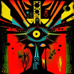 Strychnine totem, abstract surrealism, by Ray Johnson and Dave McKean, silkscreened mind-bending illustration; warm neon colors, off-centered fragmented composition, dark shines war,