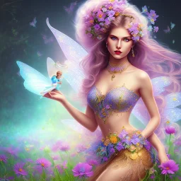 bright fairy, beautiful portrait, flowery landscape