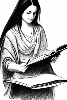 Pencil sketch of Young woman, Arab features,sad, long wavy hair, reading a book, full body، on lined paper