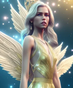 A crystalised queen, atmospheric, realistic, unreal engine, cinematic lighting, octane render, transparent long dress, blonde, full body, bright wings, smile, long hair