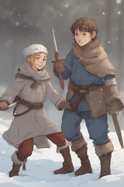 DnD style, two medieval peasant kids playing in the snow male and female, age 14 and 15, happy and playful, he has a short sword.