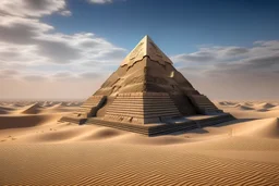 Una sola enorme pirámide egipcia en medio del desierto con serpientes de piedra.