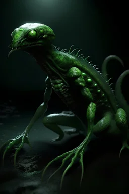 Alien green color with slimy, scaly skin. It will have large, bulging eyes that glow long, tentacle-like appendages that it .sturdy, yet flexible body,sharp claws on its hands and feet,long, slender tail