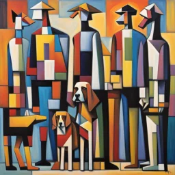 Cubist painting of humans and dogs standing next to each other in different colors and sizes, Cubist painting by Kees Maks, featured on dribble, informal art, cubism, picasso, art on instagram