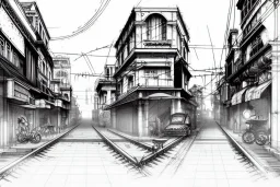 Hanoi train Street+Hanoi train Street+bologna portici+Gothic city+ BioShock+Dishonored+Bloodborne+trieste+Edinburgh+Chicago+victorian London+decòpunk Skyscraper+ +steampunk+biopunk+, croquis architecture, city drawing, perspective drawing, point perspective, architecture croquis drawing