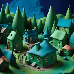 Detailed cozy village made of modeling clay, odd buildings, naïve, strong texture, TV studio 1950's shot, extreme detail, Max Ernst, green and blue, rich moody colors, sparkles, Yves Tanguy, odd