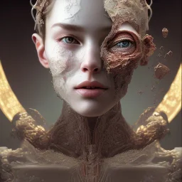 broken, cracked-open woman's face, fine detail, highly intricate, wearing bridal veil, modern surrealism painting, identity crisis, high-quality, volumetric lighting, 8k, ultrahd, George Grie, Marco Escobedo, Igor Morski