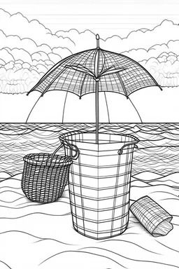 Outline art for coloring page, PICNIC BASKET ON A LONG BEACH TOWEL. TALL BEACH UMBRELLA, HAWAII BEACH, coloring page, white background, Sketch style, only use outline, clean line art, white background, no shadows, no shading, no color, clear